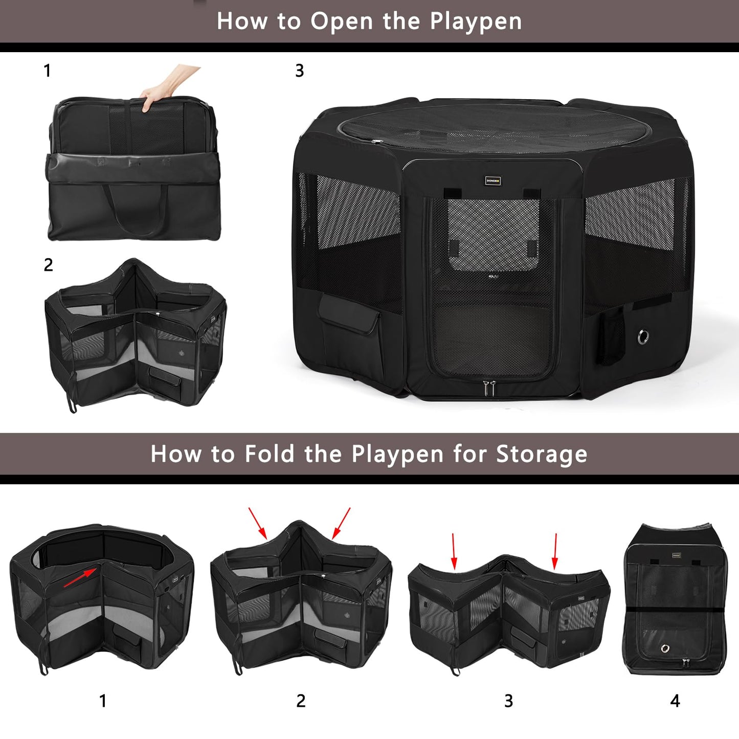 DONORO Dog Playpen Portable Pet Play Pens for Small Dog/Cat/Rabbit/Chicks, Cat Playpen Indoor/Outdoor with Carring Case, Removable Zipper Top and Bottom (Black, Extra Large (55"x55"x30"), 8)