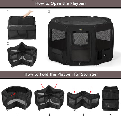 DONORO Dog Playpen Portable Pet Play Pens for Small Dog/Cat/Rabbit/Chicks, Cat Playpen Indoor/Outdoor with Carring Case, Removable Zipper Top and Bottom (Black, Extra Large (55"x55"x30"), 8)