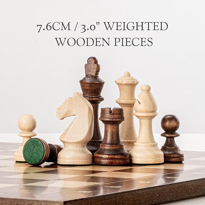 A&ampA Professional Wooden Chess Set 15.5 Wooden Board with 3 Weighted Wooden Chess Pieces with Chess Scorebook and Storage Bag