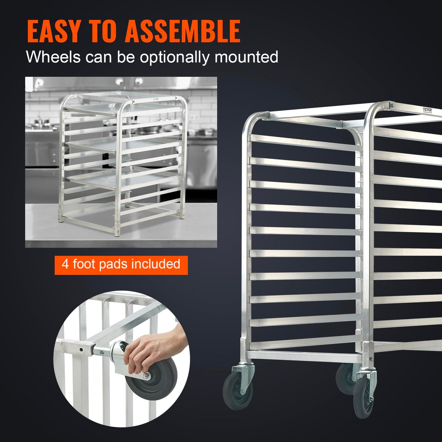 VEVOR 10-Tier Bun Pan Rack, Aluminum Racking Trolley Storage with Brake Wheels, Commercial Bakery Racks for Half & Full Sheet, Speed Rack For Kitchen Home, Bread Baking Equipment, 26"L x 20.3"W x 39"H