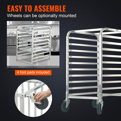 VEVOR 10-Tier Bun Pan Rack, Aluminum Racking Trolley Storage with Brake Wheels, Commercial Bakery Racks for Half & Full Sheet, Speed Rack For Kitchen Home, Bread Baking Equipment, 26"L x 20.3"W x 39"H