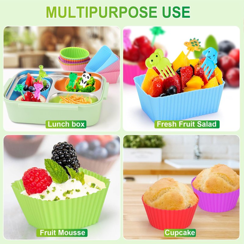 Vicuna R 80PCS Silicone Lunch Box Dividers Kit, Reusable Silicone Cupcake Liners Muffin Cups, Fun Lunchbox Bento Box Accessories, Cute Food Picks for Kids (20 Baking Cups + 60 Animal Picks)