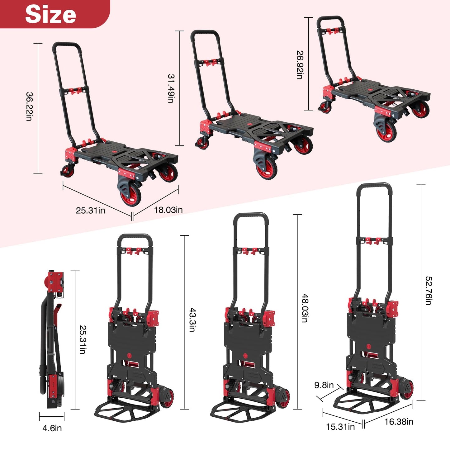 Garstc 2 in 1 Folding Hand Truck with Folding Basket,Heavy Duty Hand Truck Dolly 330lbs Capacity with Telescoping Handle,Portable Dolly Cart with Wheels and Bungee Cords for Moving