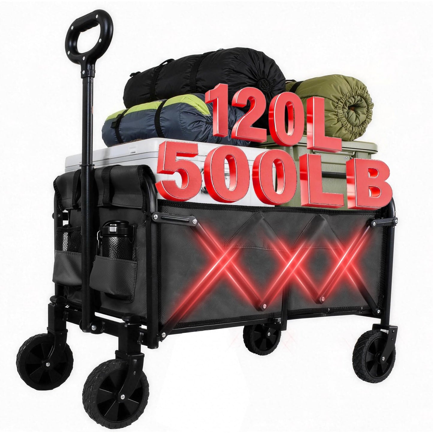 QEZER Foldable Wagon Cart, Collapsible Utility Wagon with All Terrain Wheels, Portable Folding Cart for Camping Garden Shopping Grocery Sports (Black, 120L)