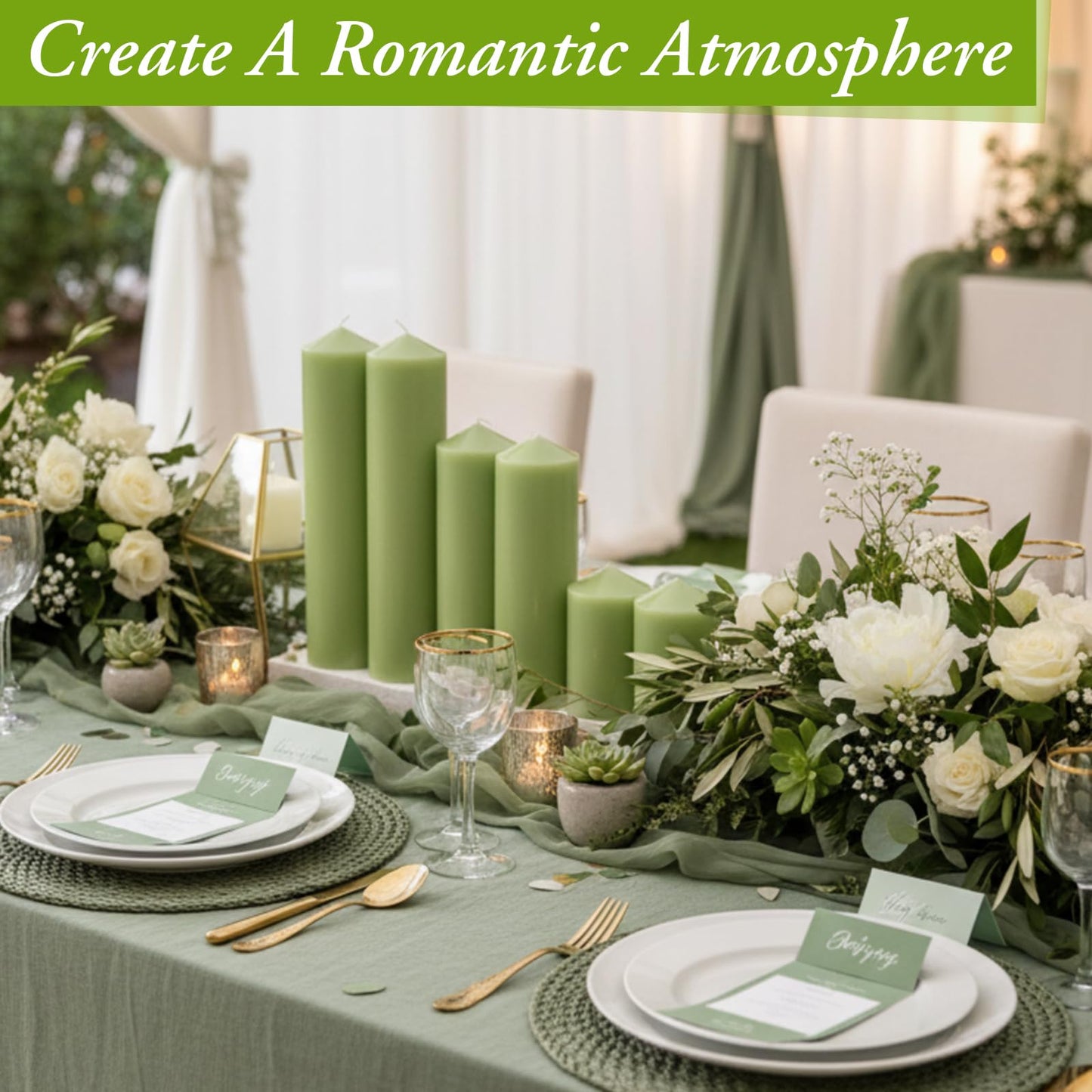 MTLEE 6 Pcs Pillar Candles 3 Set 2 in x 3, 6, 8 Inch Smokeless Dripless Unscented Pillar Candles Long Clean Wax for Wedding Dinner Party Spa Emergency Ceremony Home Decor (Green)