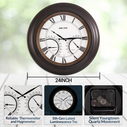 ANDY STAR 24 Inch Outdoor Clocks Waterproof,Large Outdoor Wall Clocks for Patio with Thermometer, Weatherproof Illuminated Clock Battery Operated with Thermometer&Hygrometer,Oil Rubbed Bronze Black