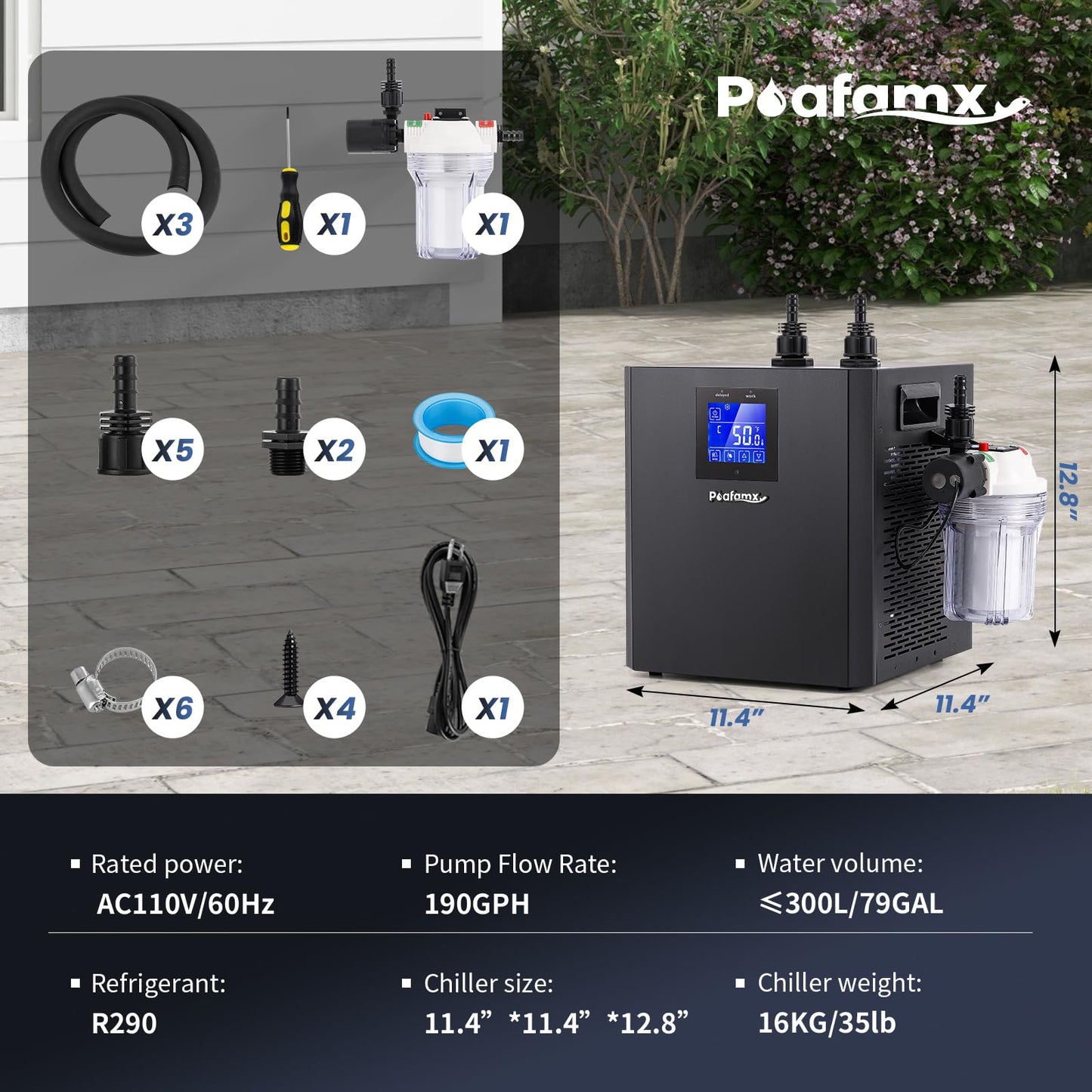 Poafamx Water Chiller for Cold Plunge, 1/3 HP Ice Bath Chiller with External Water Pump Filter Insulated Hoses, Quiet 79Gal Ice Bath Cooler for Cold Therapy Athletes Recovery Home Use 110V
