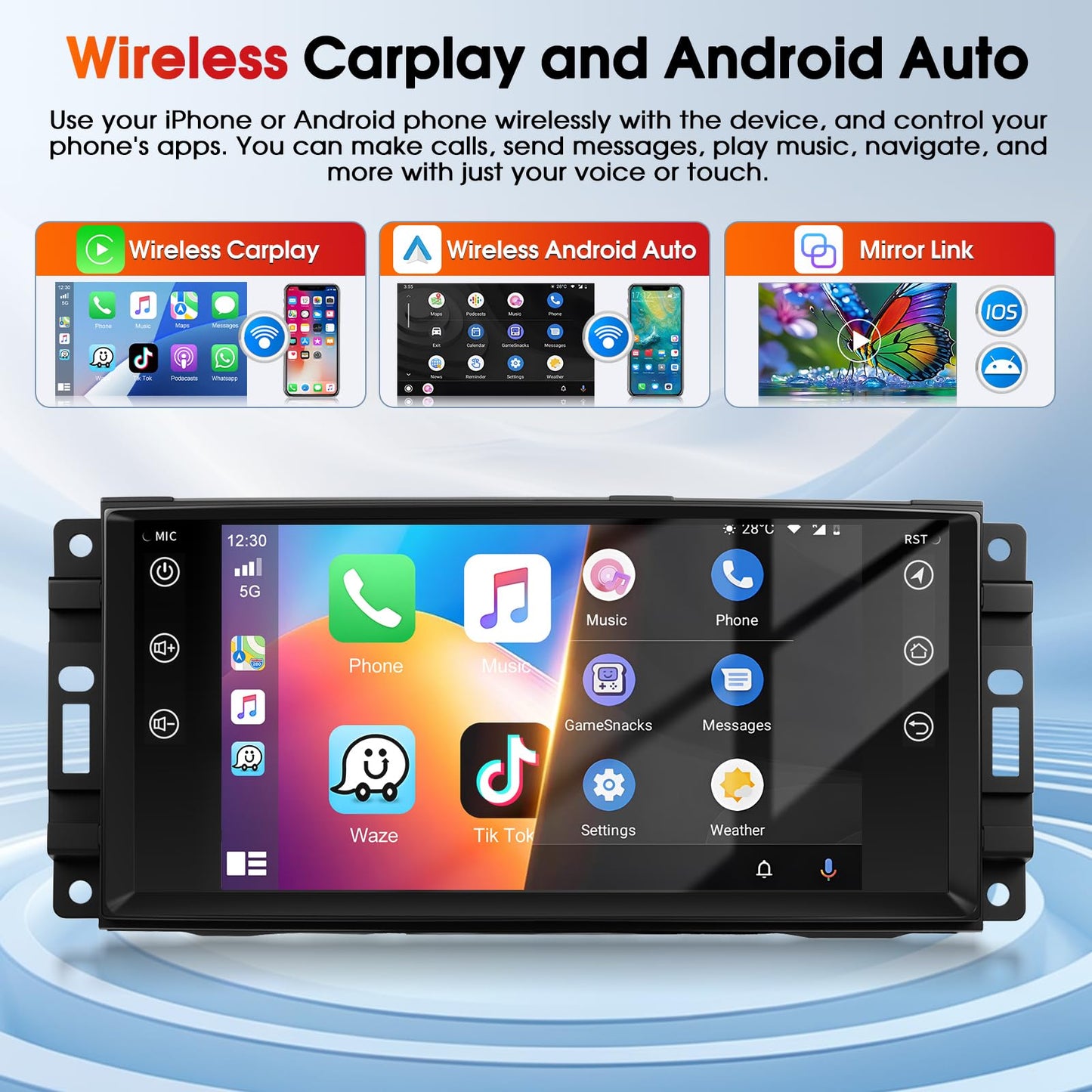 4+64G Car Stereo Radio for Jeep Wrangler JK Dodge Chevrolet RAM 1500 7" IPS Touch Screen Bluetooth Audio with CarPlay Android Auto GPS Navigation Mirror Link WiFi FM AM RDS Backup Camera MIC