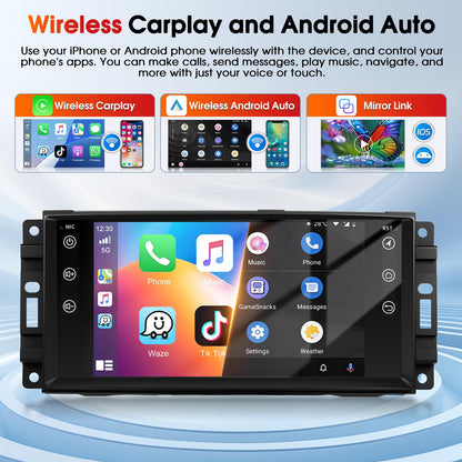 4+64G Car Stereo Radio for Jeep Wrangler JK Dodge Chevrolet RAM 1500 7" IPS Touch Screen Bluetooth Audio with CarPlay Android Auto GPS Navigation Mirror Link WiFi FM AM RDS Backup Camera MIC