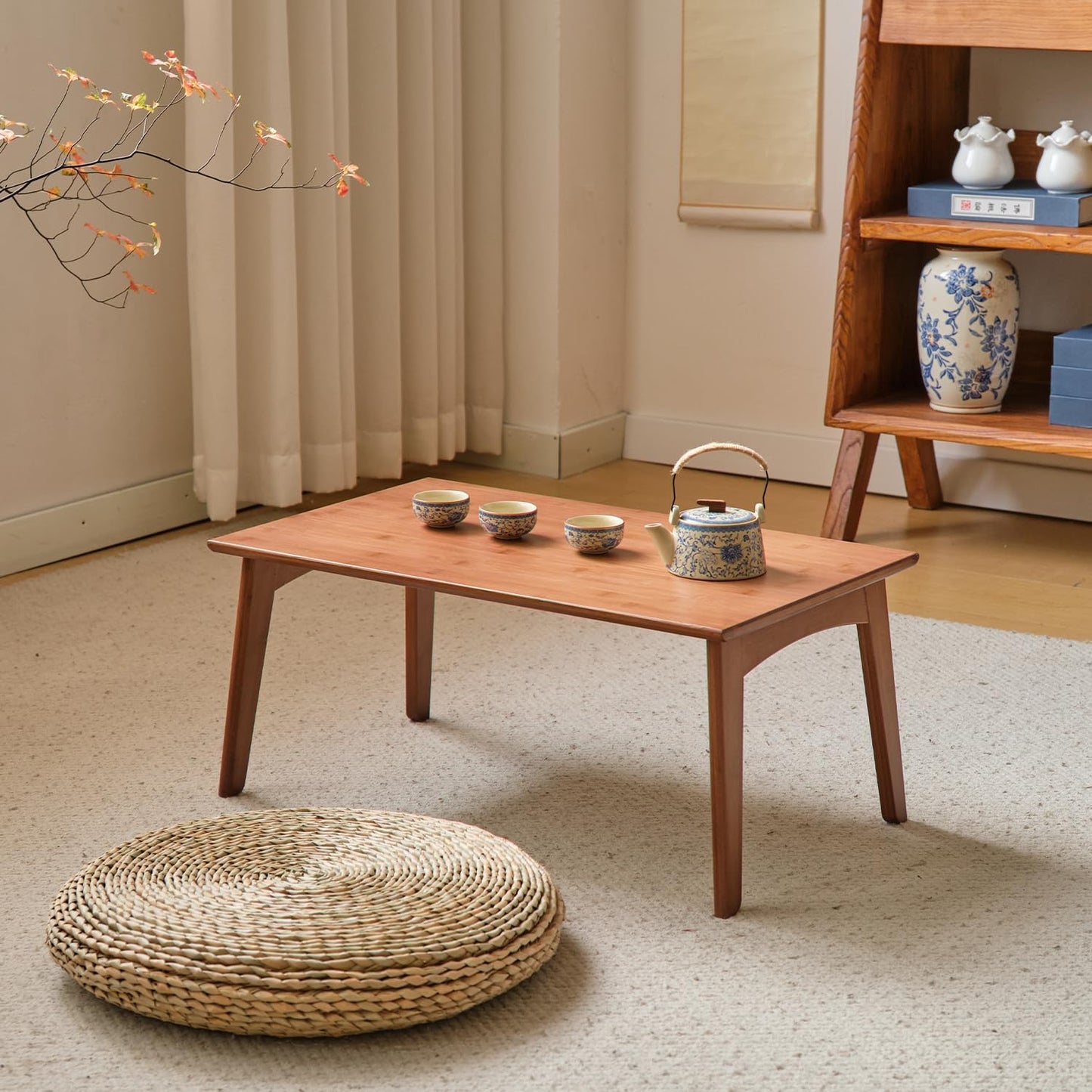 JIKUGO Bamboo Folding Coffee Table No Assembly Required Japanese Floor Table for Bedroom Living Room, Walnut, 26 x 15.8 x 11.8 Inches