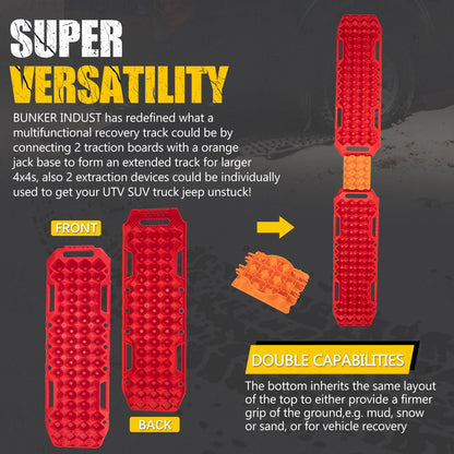 BUNKER INDUST Off-Road Traction Boards with Jack Lift Base,2 Pcs Multifunctional Recovery Track for 4WD UTV SUV Truck-Mud, Snow, Sand Tracks Red Tire Traction Mat with Carry Bag (Gen 9th)