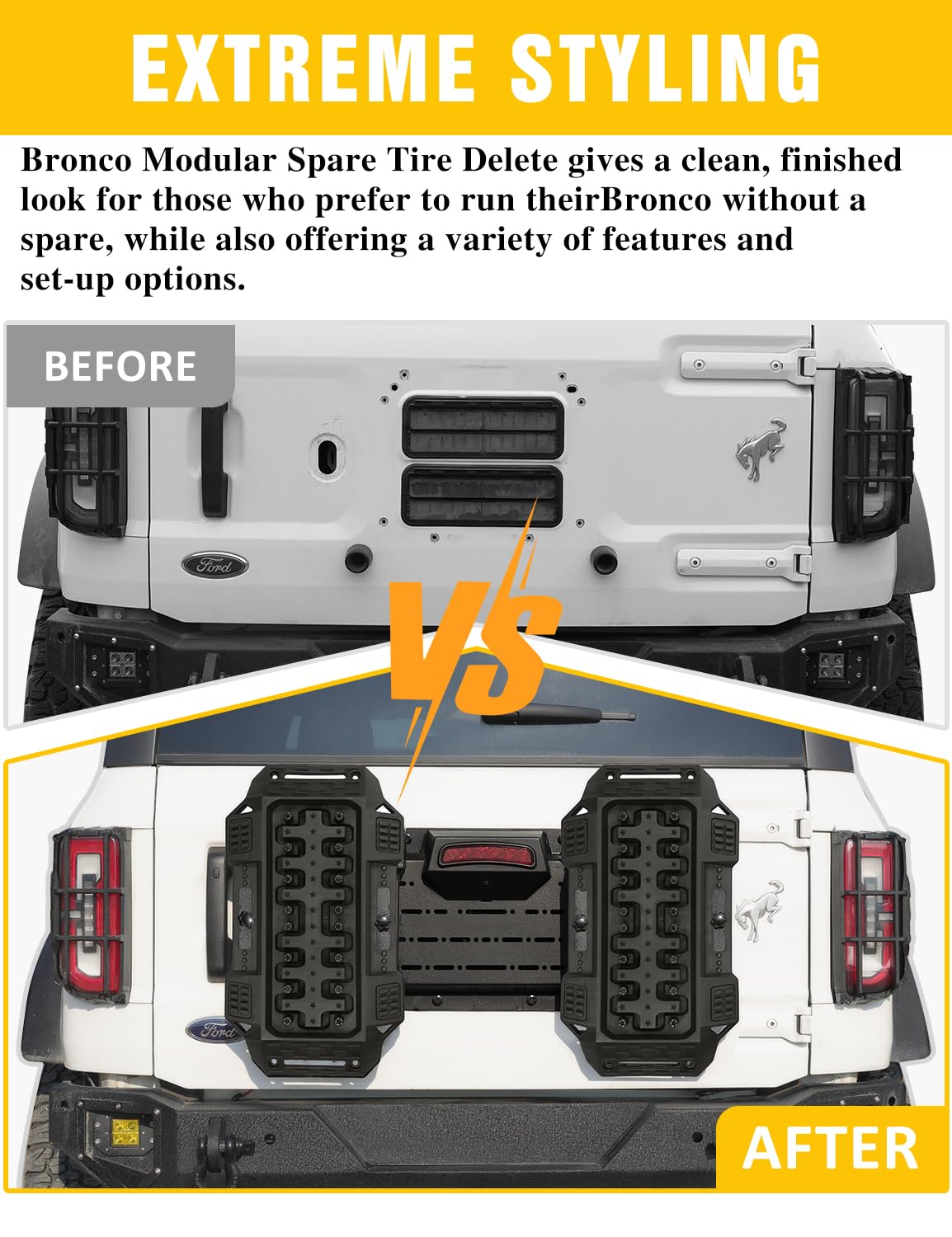 JROAD Bronco Rear Spare Tire Delete Frame w/Recovery Boards for Bronco 2021+ Accessories|Integrates Backup Camera Hole,Brake Light Bracket,Rear License Plate,Tailgate Vent Cover,DIY Shelf Board