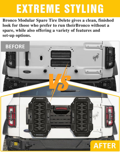 JROAD Bronco Rear Spare Tire Delete Frame w/Recovery Boards for Bronco 2021+ Accessories|Integrates Backup Camera Hole,Brake Light Bracket,Rear License Plate,Tailgate Vent Cover,DIY Shelf Board