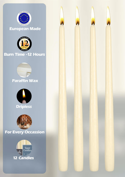 Hyoola 12 Pack Tall Taper Candles - 14 Inch Woolwhite Dripless, Unscented Dinner Candle - Paraffin Wax with Cotton Wicks - 12 Hour Burn Time
