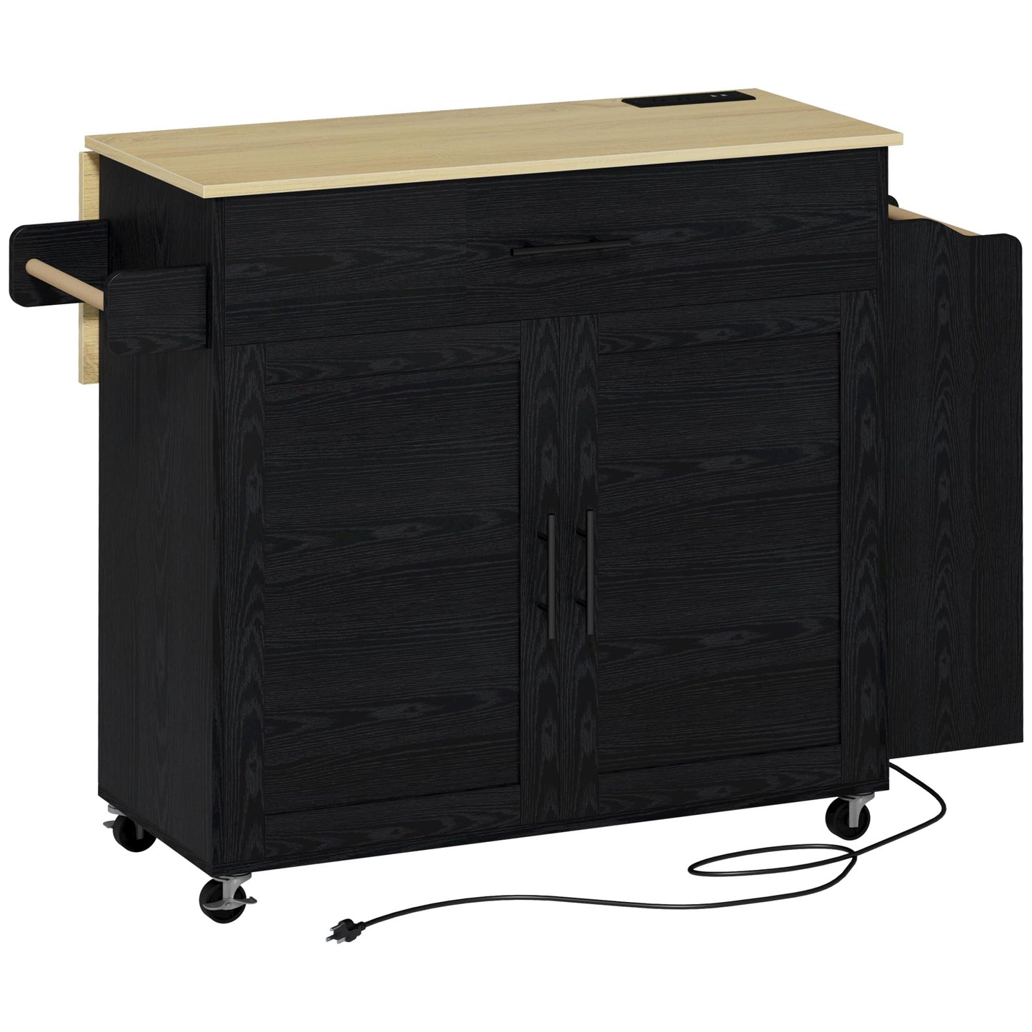 IRONCK Kitchen Island with Storage, Rolling Kitchen Island on Wheels with Drop Leaf, Charging Station, 3 Open Spice Rack, Cabinet, Drawer, Kitchen Cart Island Table for Kitchen, Black