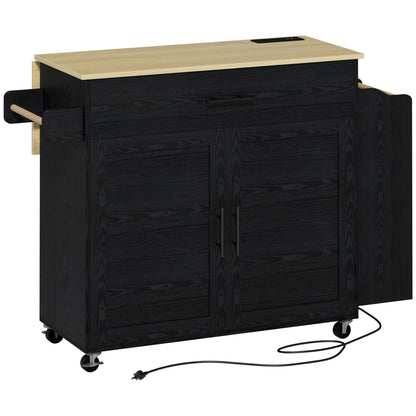 IRONCK Kitchen Island with Storage, Rolling Kitchen Island on Wheels with Drop Leaf, Charging Station, 3 Open Spice Rack, Cabinet, Drawer, Kitchen Cart Island Table for Kitchen, Black