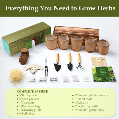5 Herb Garden Planter Indoor with Wooden Box, Home Kitchen Seed Starter Kit Including Basil, Thyme, Parsley, Rosemary, Mint, Birthday, Mothers Day, House Warming, Gardening Gifts for Women, Mom