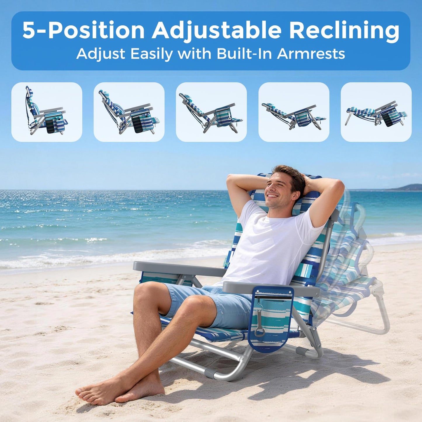 5-Position Backpack Beach Chair for Adults with Lumbar, Foldable Tall Heavy-Duty Beach Chairs with Cooler Bag,Cup Holder,Towel Rack for Beach, Camping, Outdoor (2, Blue&White)
