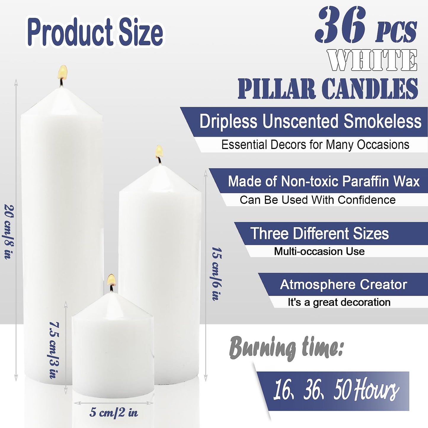 Veiuwa 36 Pcs White Pillar Candles Bulk Set，2x3 2x6 2x8 Inch - 12 Each Size，Hurricane Candles，Dripless Unscented Smokeless，Gives You a Better Atmosphere When Organizing an Event Party.
