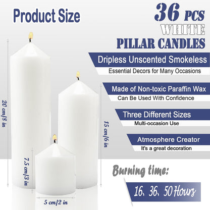 Veiuwa 36 Pcs White Pillar Candles Bulk Set，2x3 2x6 2x8 Inch - 12 Each Size，Hurricane Candles，Dripless Unscented Smokeless，Gives You a Better Atmosphere When Organizing an Event Party.