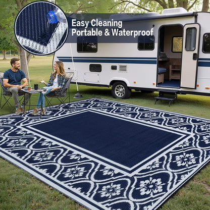 HUGEAR Patio Rug 10'x14' Waterproof Outside Area Rugs Reversible Blue Outdoor Plastic Straw Carpet for RV Deck Camping Entryance Porch Picnic Balcony Beach