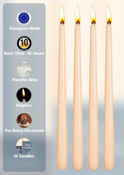 Hyoola Tall Taper Candles - 12 Inch Cream Dripless, Unscented Dinner Candle - Paraffin Wax with Cotton Wicks - 10 Hour Burn Time (Pack of 12)