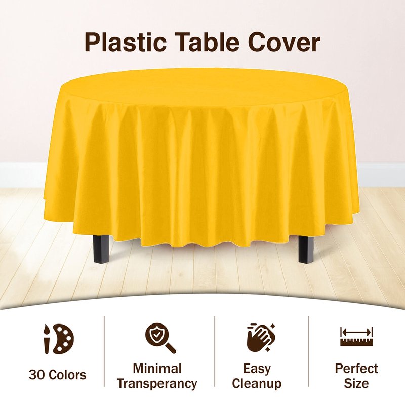 12-Pack Premium Plastic Tablecloth 84in. Round Table Cover - Yellow