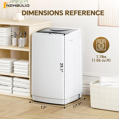 NEWBULIG 1.06 Cu.Ft. Portable Washing Machine, 7.7LBS Full-Automatic Laundry Washer with Stainless Steel Drum, 10 Wash Cycles & Auto-Balance, Compact Washer for Apartment RV Dorm Camping, White