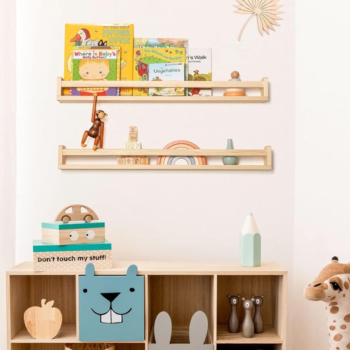 Fun Memories Nursery Book Shelves - Rustic Solid Wood Floating Bookshelf for Kids - 32-Inch Natural Wall Shelf (2-Pack)