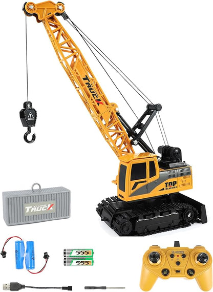 RC Grane Toy Metal Hook with 4*Battery Set for Boys Professional 11-Channel Remote Control Construction Vehicle Grane Container Included for Kids