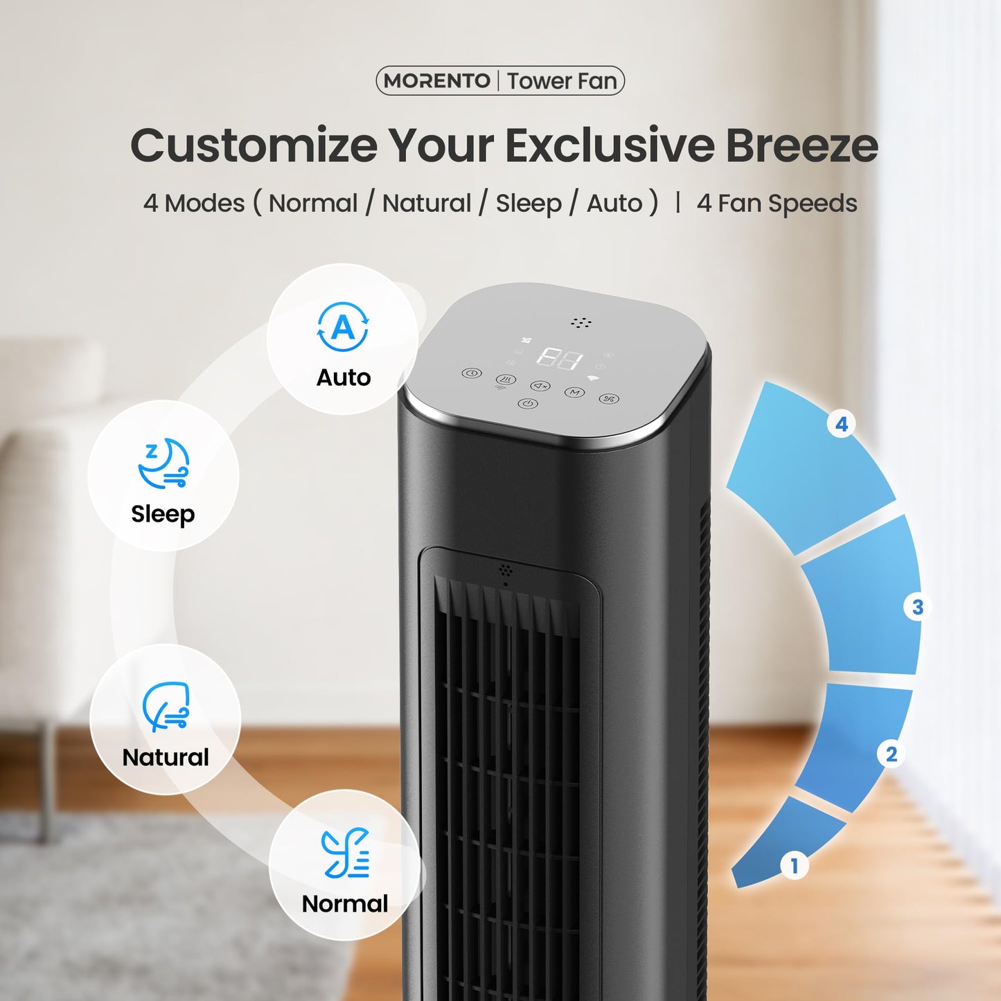 MORENTO Tower Fan for Bedroom, 2026 Upgraded 90° Oscillating 43" Standing Fan with 4 Speeds, 4 Modes, 25ft/s Velocity Bladeless Fan with APP/Voice/Remote/Touch Control, 28dB, 12H Timer, Black 1Pack