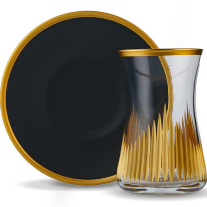 DECOSTYLE Turkish Tea Set, Glass and Plate (Set of 6), 12 pcs, Matte Gold, Vintage Handmade Tea Time, Turkish Glass Masters, Capacity: 5 1/4 US oz 160 cc (Black)