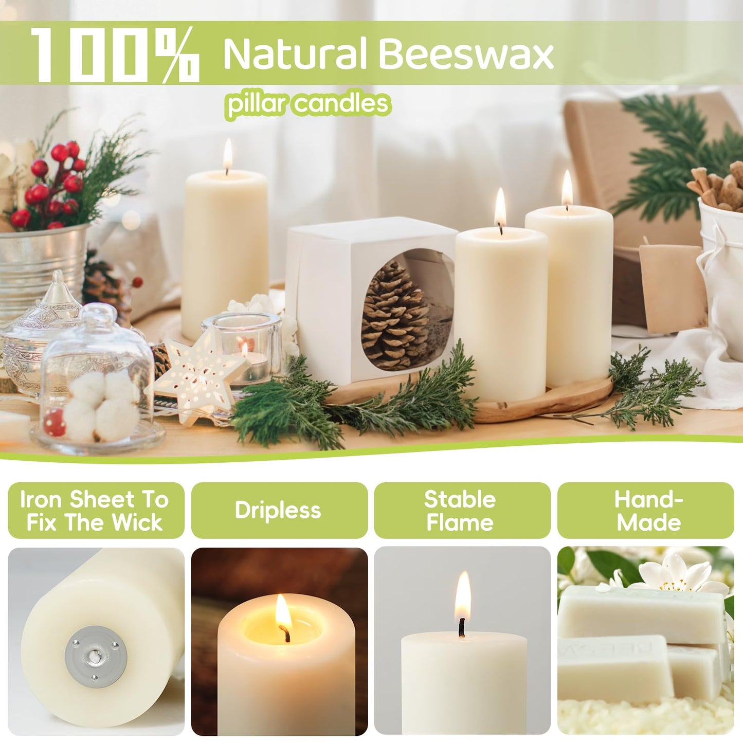 Natural Beeswax Pillar Candles,100% Pure Beeswax Candles-258 Hours Long Burning,Off-White Unscented Bees Wax Candles for Home,Prayer,Dripless Smokeless Organic Pillar Candles Bulk-2x4in-6 Pack