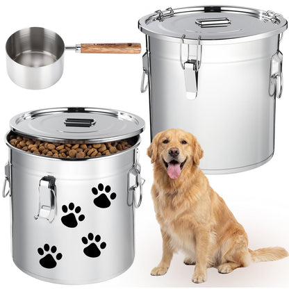Lounsweer 2 Pack 8.9 Gal Stainless Steel Dog Food Storage Container with Lid and Locking Clamp 33 L Metal Airtight Container Large Stainless Steel Bucket with Food Scoop for Pet Feed