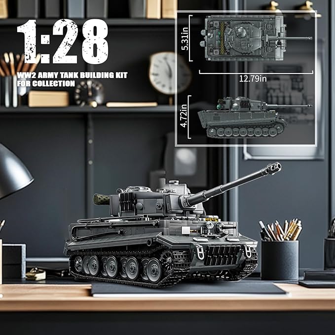 1:28 Tiger Heavy Tank Building Blocks Set for Adults Compatible with Lego Military Vehicle WW2 Army Tank Toys Historical Collection Model for Military Fans Gifts for Teens Kids Boys 8-14 (1668 PCS)