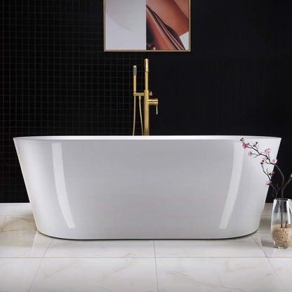 WOODBRIDGE 67" Acrylic Freestanding Bathtub Contemporary Soaking White Tub with Brushed Gold Overflow and Drain，B0013-BG