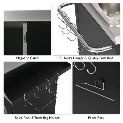 Merax 55.5" Outdoor Kitchen Island, Metal Grill Cart Table with 304 Stainless Steel Sink, Outdoor Bar Cart Sink Station with 4 Lockable Wheels for Pizza Prep & BBQ, Black