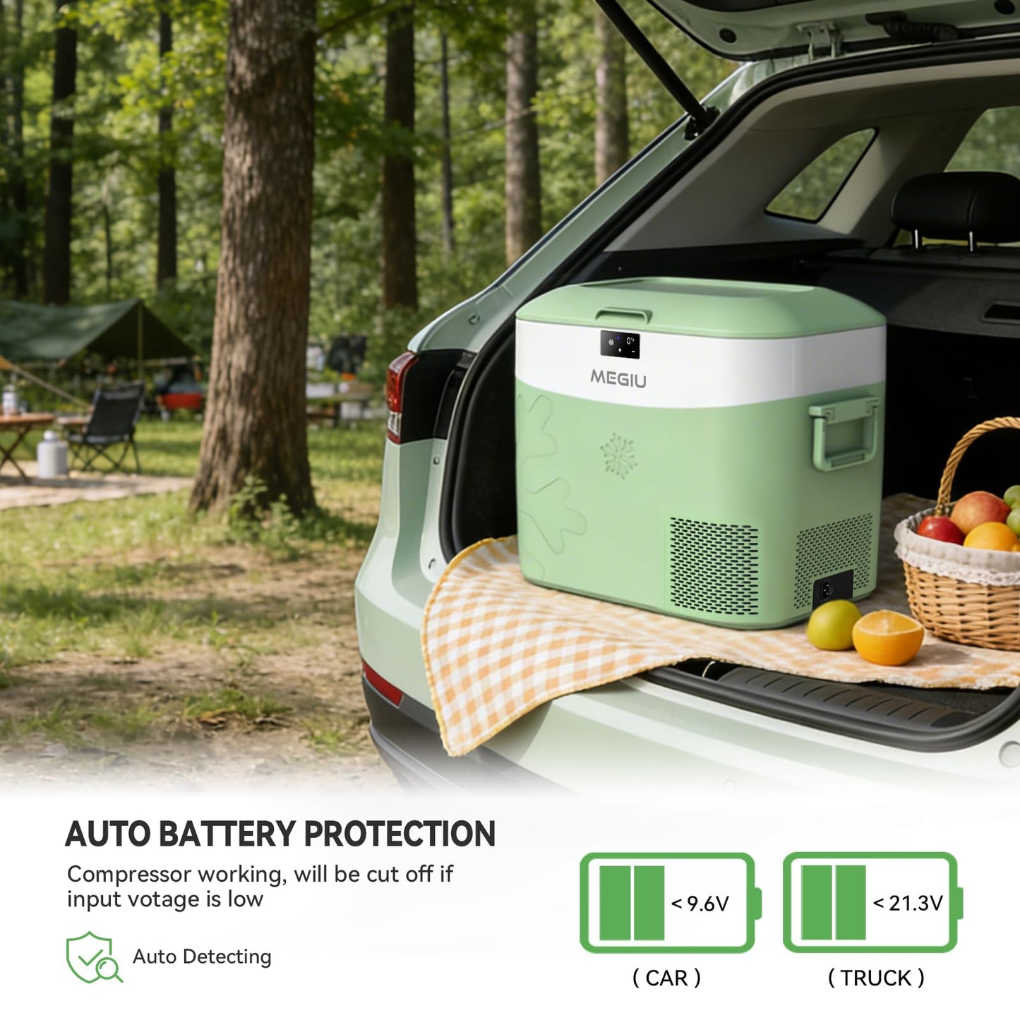 Megiu Car Fridge Portable 12 Volt Refrigerator 23 Quart (22 Liter) Freezer Compressor Cooler 12V/24V DC 110～240 V AC for Outdoor, Camping, Travel, Home Use -18℃~+15℃ (Green)