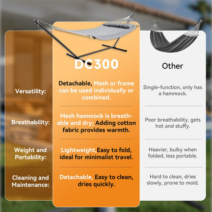 Everyfun 2 Person Outdoor Hammock with Stand, Cotton Rope Hammock with Polyester Pad, Adjustable Steel Frame, Portable with Carrying Bag – for Patio, Backyard, Garden, Beach, Urban-Gray