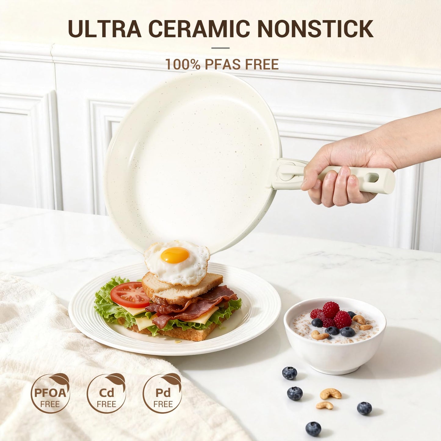 Ammeloo 24-Piece Ceramic Pots and Pans Set Non Stick, Ceramic Cookware Set with Removable Handles, Space Saving, Induction & Oven & Dishwasher Safe, For Small Kitchen, Apartment, RV, Cream White