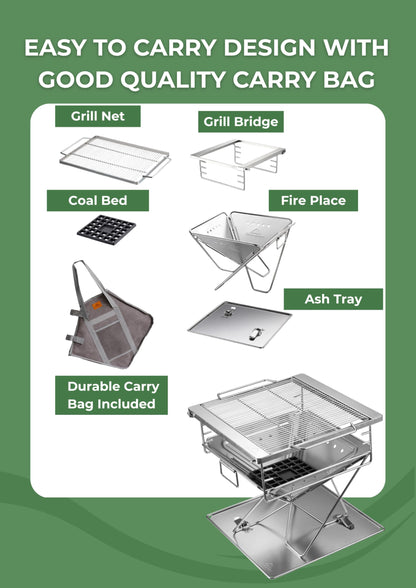 CAMPINGMOON 3 in 1 Flatpack Portable Fire Pit Grill 14 inch Foldable Stainless Steel Wood Burning Camping Stove Adjustable Height Overlanding Outdoor Cooking RV Trips Carry Bag included MT-045