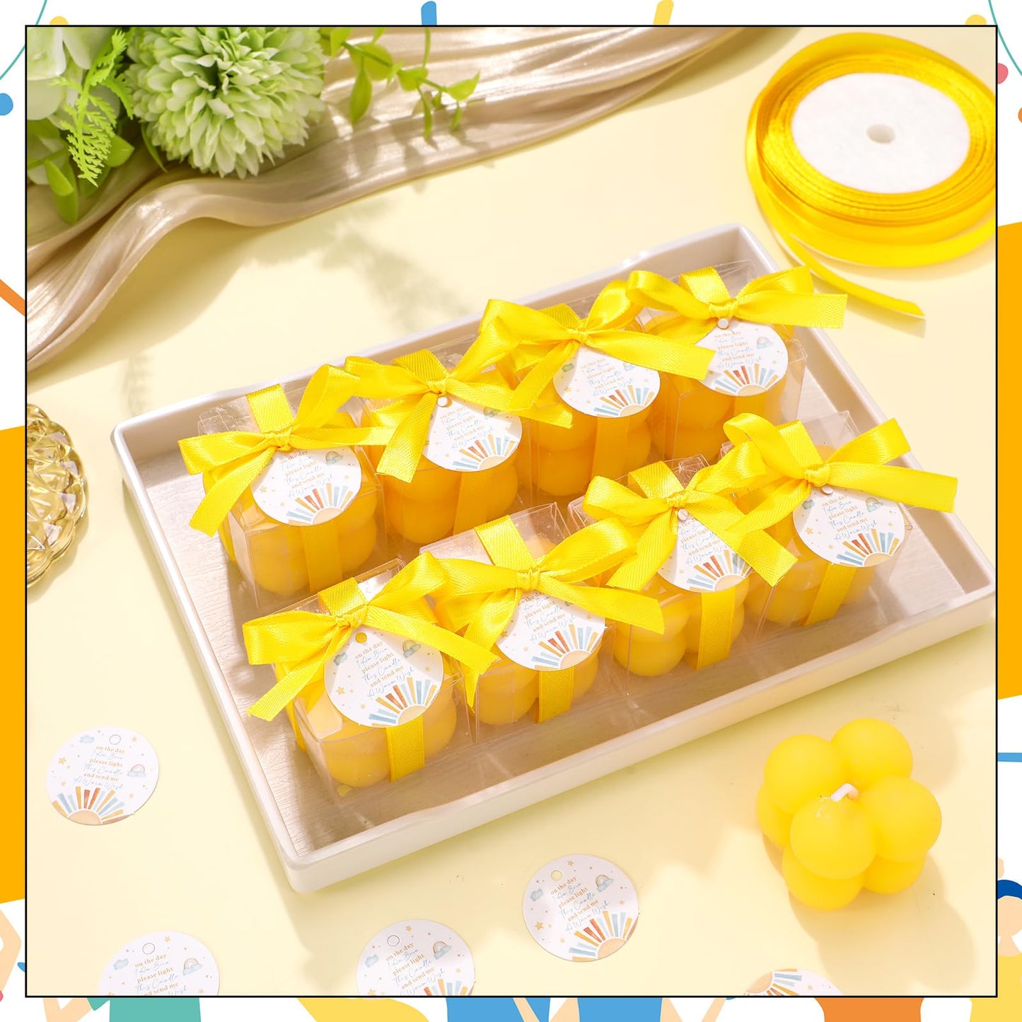 MTLEE 24 Sets Here Comes the Son Baby Shower Favors Small Bubble Candle for Guests Tea Candles Bulk with Stylish Ribbons Cards Gifts Party Decoration(Yellow, Sun)