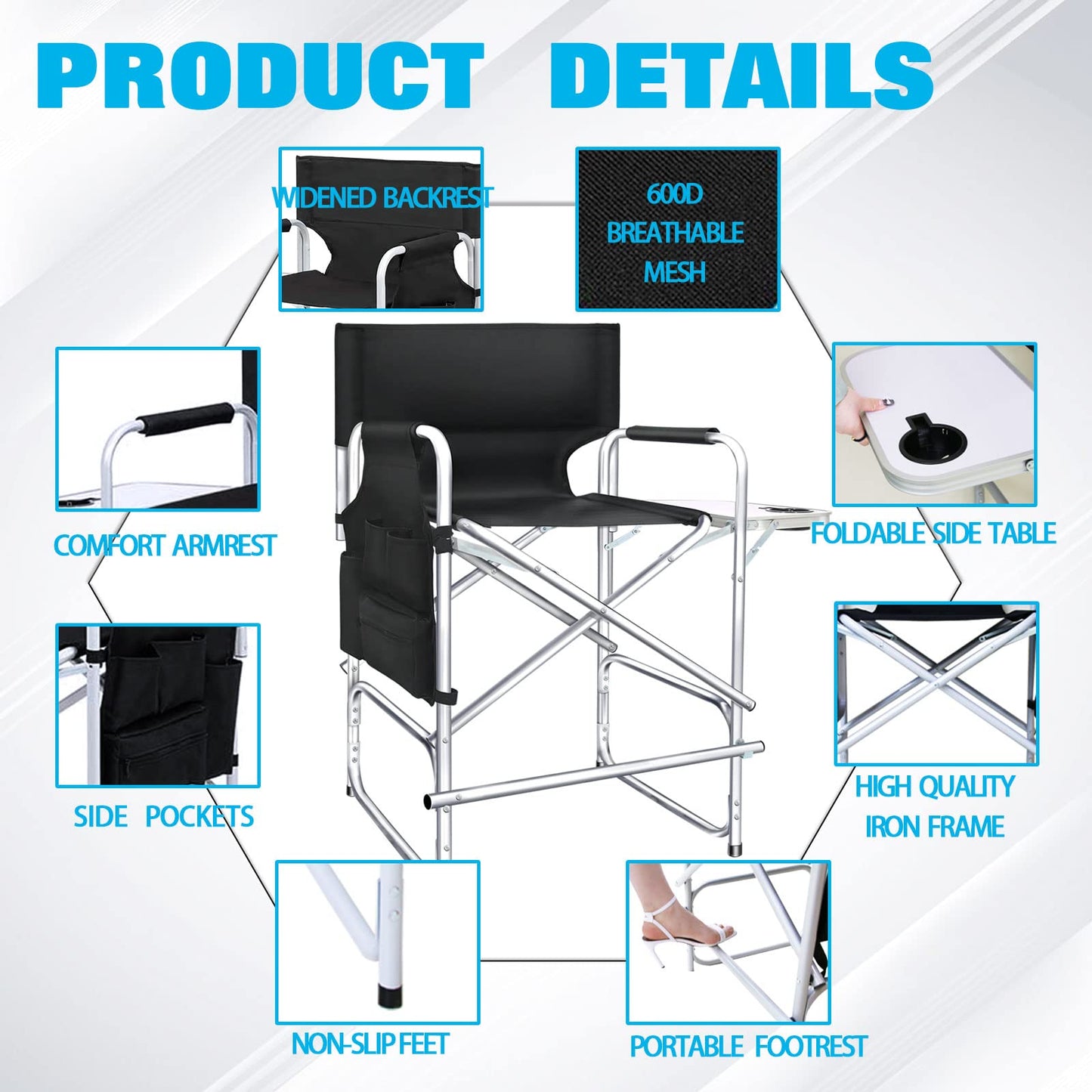 AQNIEGEP Makeup Chair for Makeup Artist 41" Tall Folding Directors Chair Makeup Artist Chair for Clients Directors Chair with Side Table Cup Holder Footrest Bags 400 lbs Load