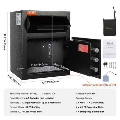 VEVOR 1.7 Cub Depository Safe, Deposit Safe with Drop Slot, Electronic Code Lock and 2 Emergency Keys, 13.77''x11.81''x17.71'' Business Drop Slot Safe for Cash, Mail in Home, Hotel, Office