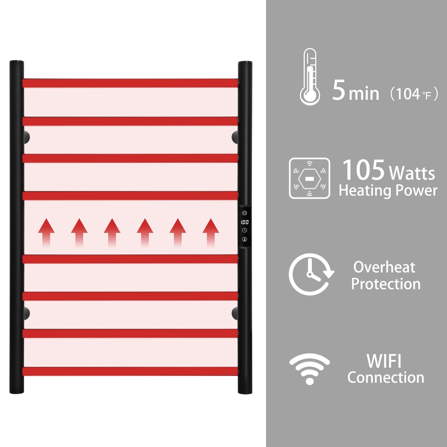KEG Towel Warmer 8 Bars for Bathroom Freestanding or Wall Mounted Bath Towel Heater Plug-in with Built-in Timer Silver