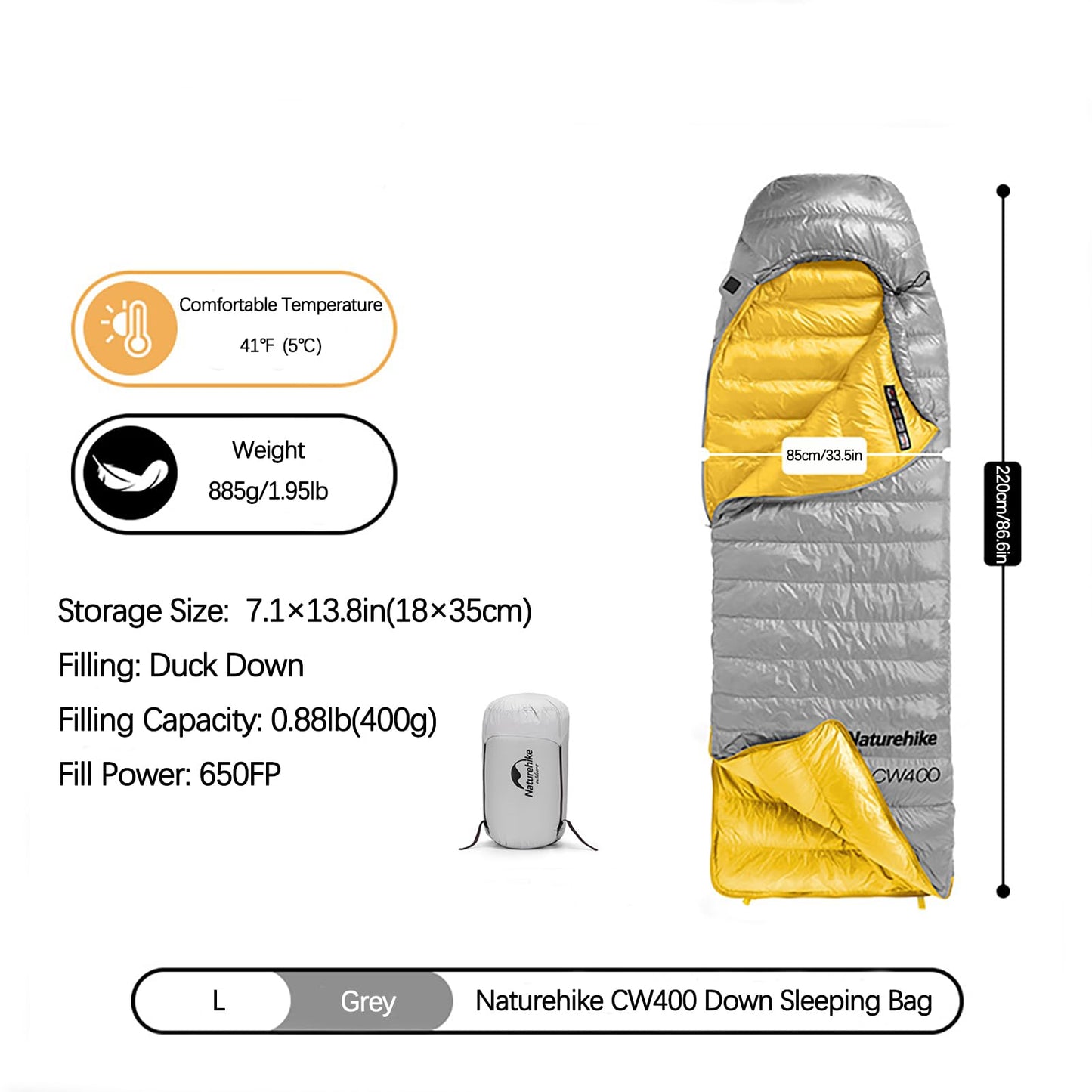 Naturehike Ultralight Down Cold Weather Sleeping Bag, 650FP Compact Sleeping Bag 3-4 Season for Adults & Kids, Backpacking, Camping, Hiking, Traveling with Compression Sack (Grey, Large)