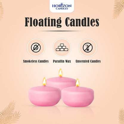Horizon - Unscented 24 Piece Floating Candles for Parties | 2" Dripless and Smokeless Floating Candles with 5 Hours Burning Time for Centerpieces at Wedding, Pool, Home Decor | Baby Pink