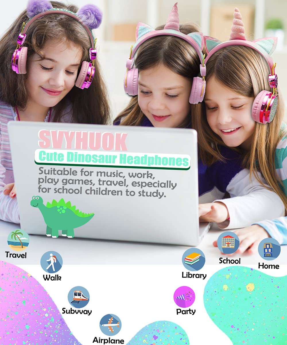 SVYHUOK Cat Ear Wireless Headphones for Kids with Mic, Bluetooth Over Ear Headset for School Cellphone Smartphones Laptop PC LED Light,Wired Headset for School Home (Violet Ball)