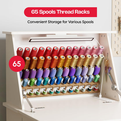 Crafit Sewing Table, Sewing Machine Desk with Under Cabinet Lights, Charging Station, 65 Spools Thread Rack Multipurpose Craft Storage Workspace Tables with Organizer Shelves, Compact Design