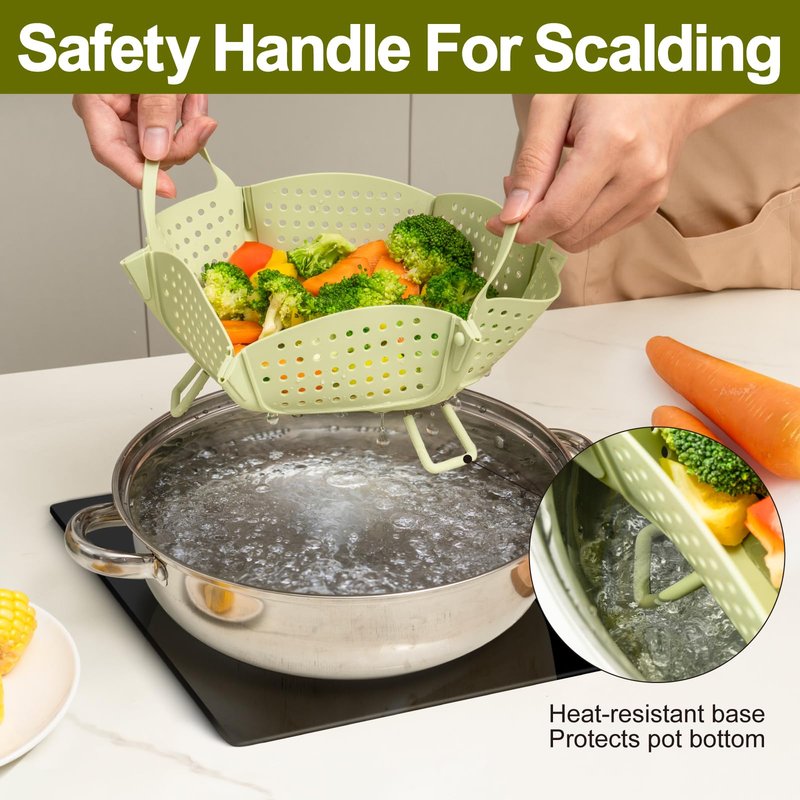 Large Collapsible Silicone Steamer Basket, Folding Silicone Vegetable Steamer Basket With Handles, BPA Free, Expandable for Pot, Non Slip Feet, Compact Storage, Dishwasher Safe